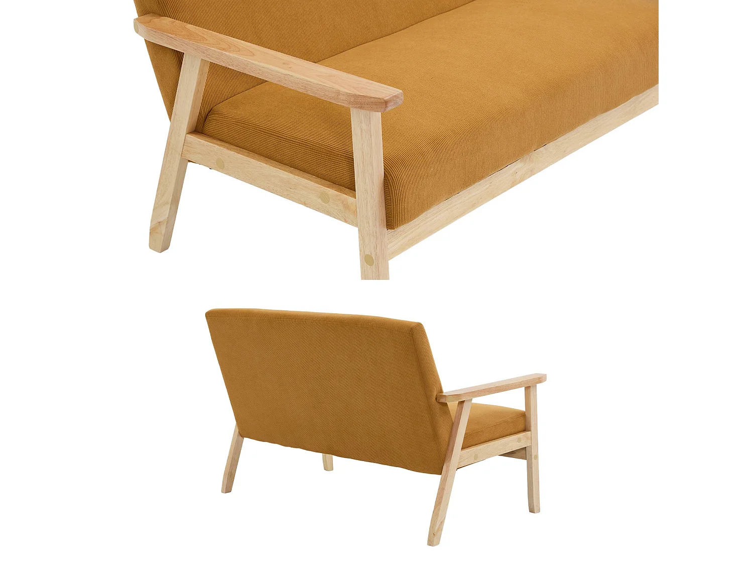 Banquette canapé 2 places en bois et tissu velours côtelé coloris moutarde. Isak. L 114 x P 69.5 x H 73cm
