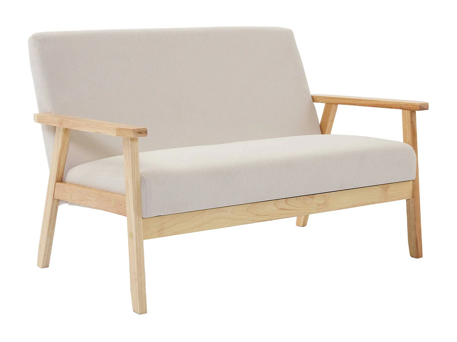 Banquette canapé 2 places en bois et tissu velours côtelé coloris blanc crème. Isak. L 114 x P 69.5 x H 73cm