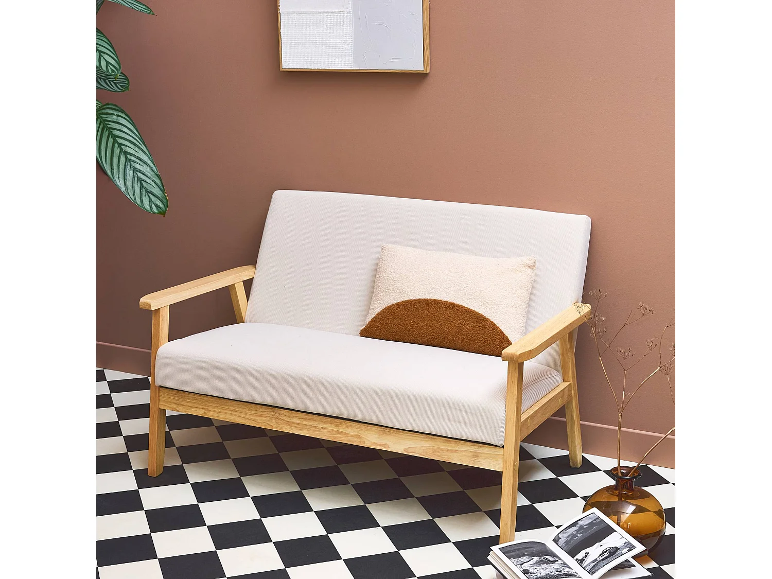 Banquette canapé 2 places en bois et tissu velours côtelé coloris blanc crème. Isak. L 114 x P 69.5 x H 73cm