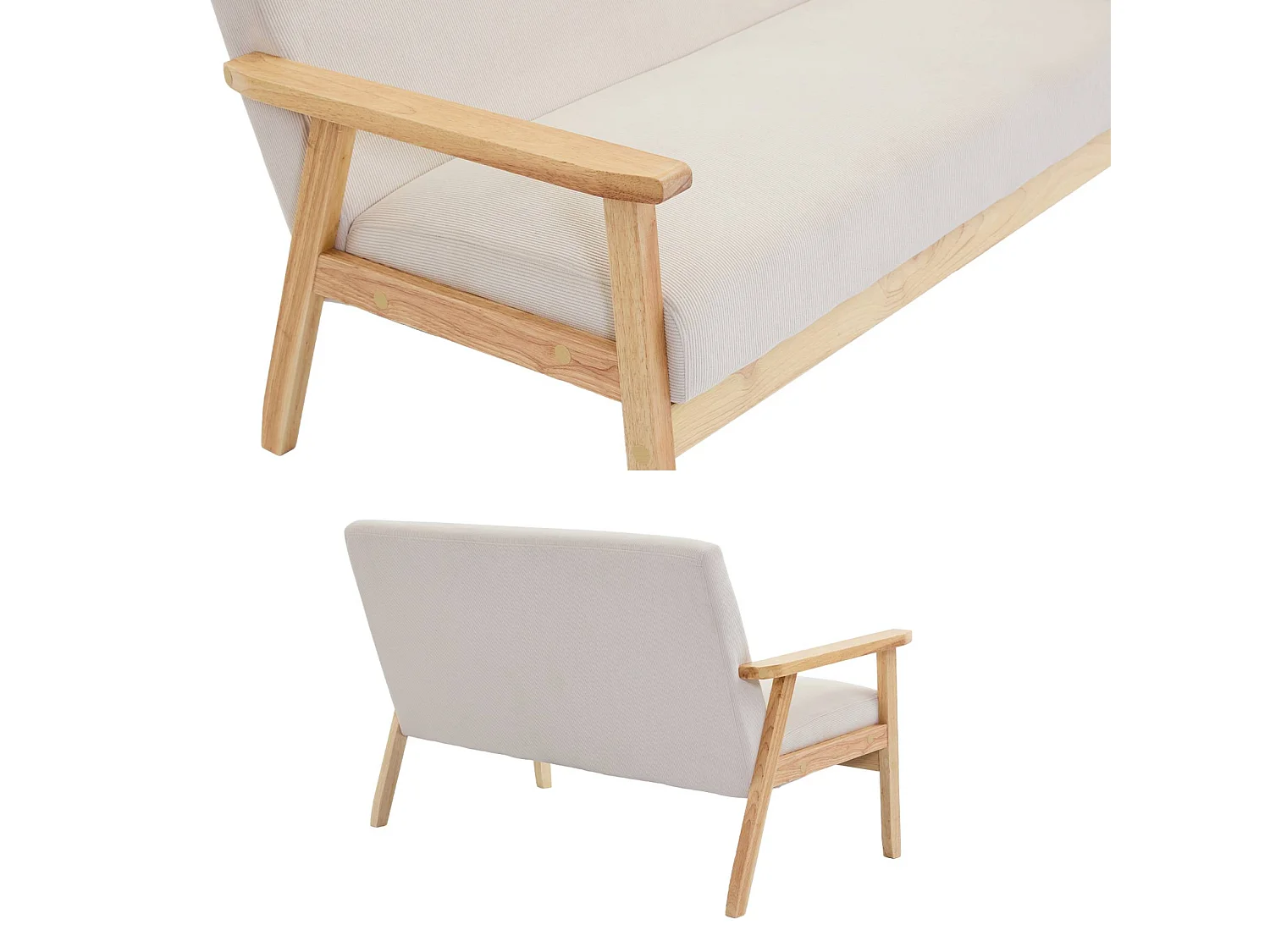 Banquette canapé 2 places en bois et tissu velours côtelé coloris blanc crème. Isak. L 114 x P 69.5 x H 73cm
