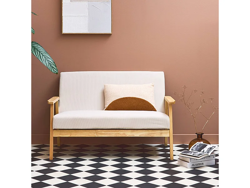 Banquette canapé 2 places en bois et tissu velours côtelé coloris blanc crème. Isak. L 114 x P 69.5 x H 73cm