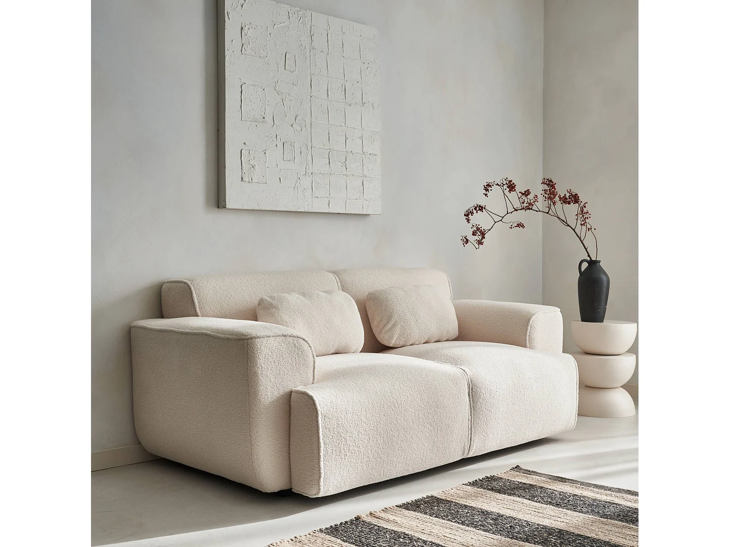 Canapé 2 places. tissu bouclette. 2 coussins déhoussables. Wallas  L 178 x P 97.5 x H 73cm