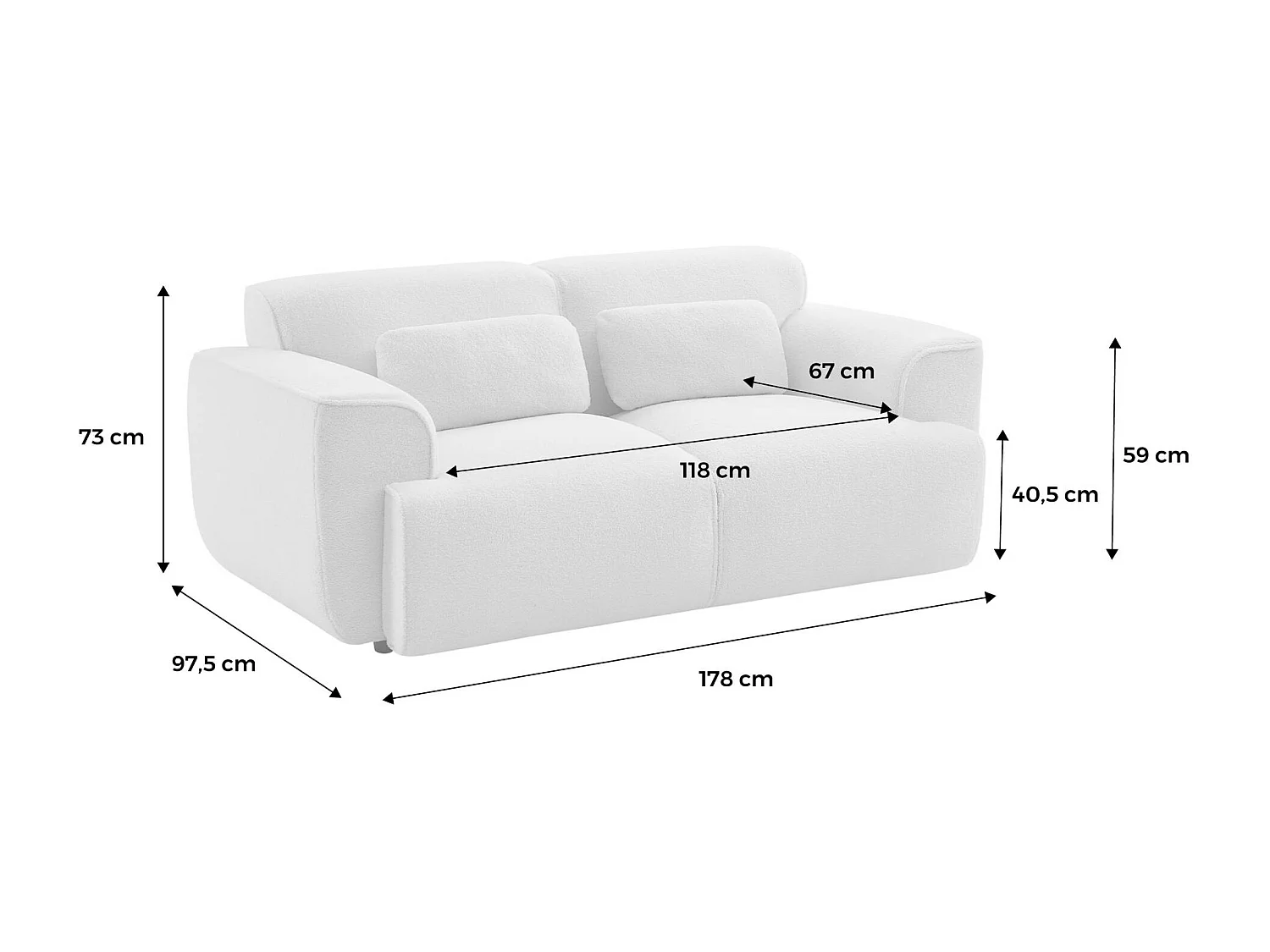 Canapé 2 places. tissu bouclette. 2 coussins déhoussables. Wallas  L 178 x P 97.5 x H 73cm