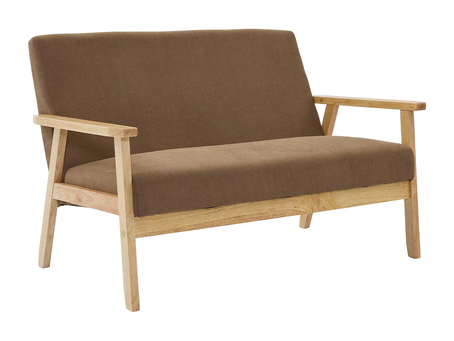 Banquette canapé 2 places en bois et tissu velours côtelé coloris taupe. Isak. L 114 x P 69.5 x H 73cm