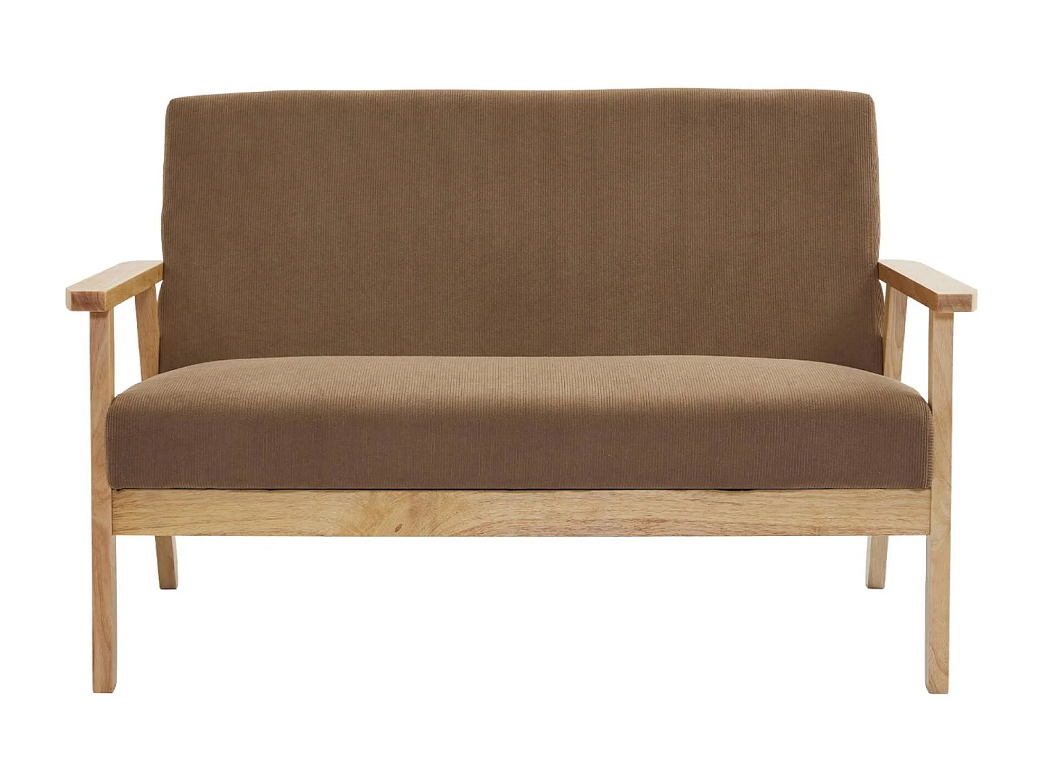 Banquette canapé 2 places en bois et tissu velours côtelé coloris taupe. Isak. L 114 x P 69.5 x H 73cm