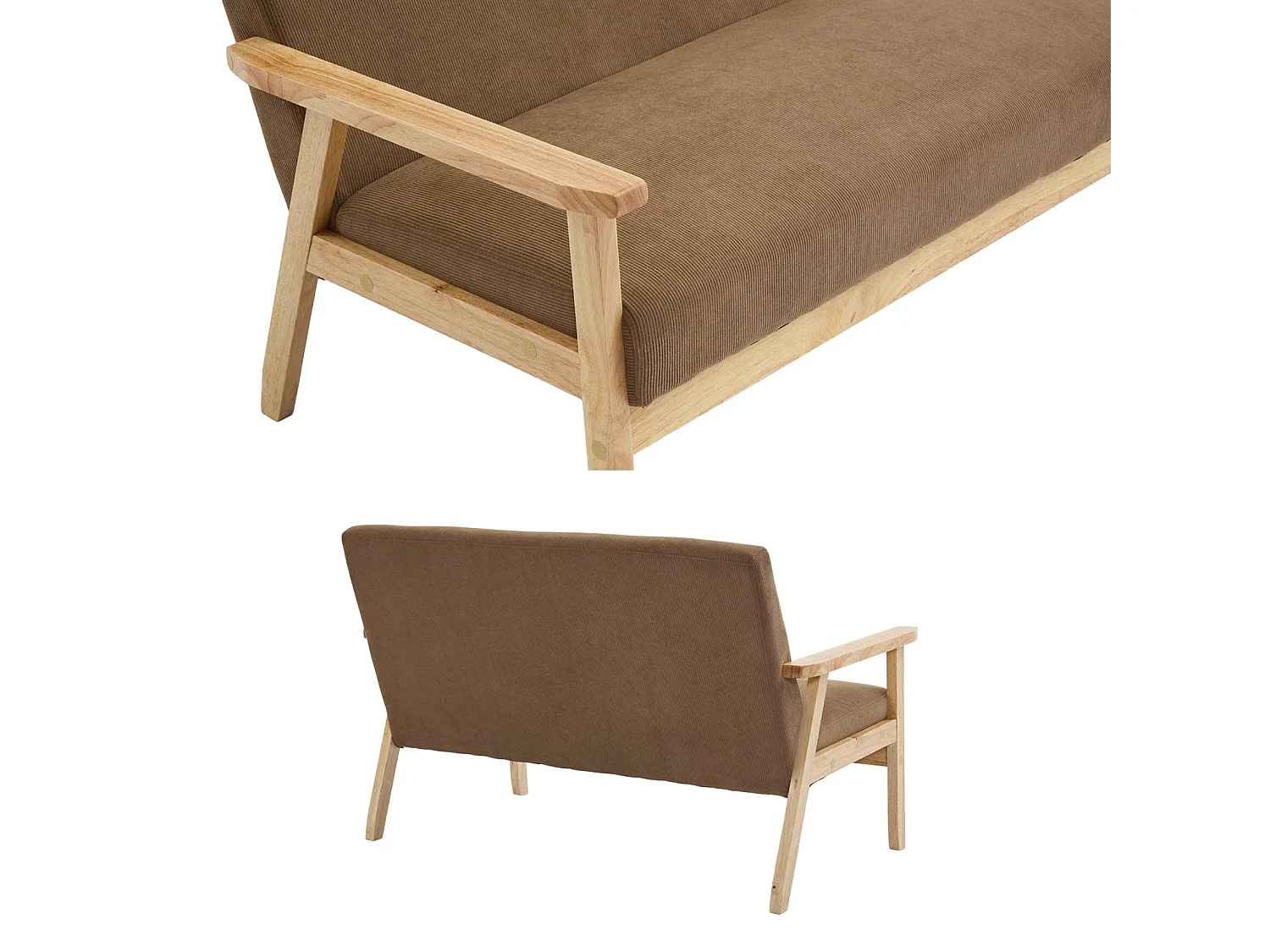 Banquette canapé 2 places en bois et tissu velours côtelé coloris taupe. Isak. L 114 x P 69.5 x H 73cm