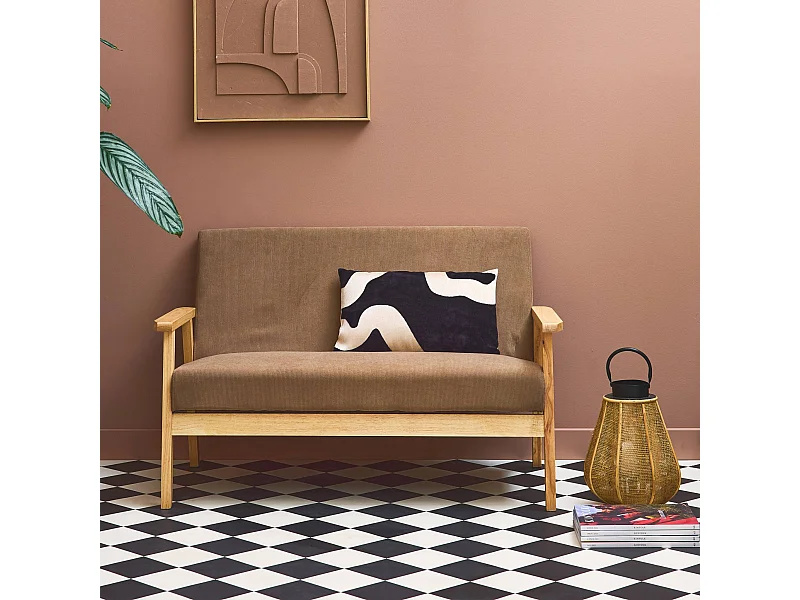 Banquette canapé 2 places en bois et tissu velours côtelé coloris taupe. Isak. L 114 x P 69.5 x H 73cm