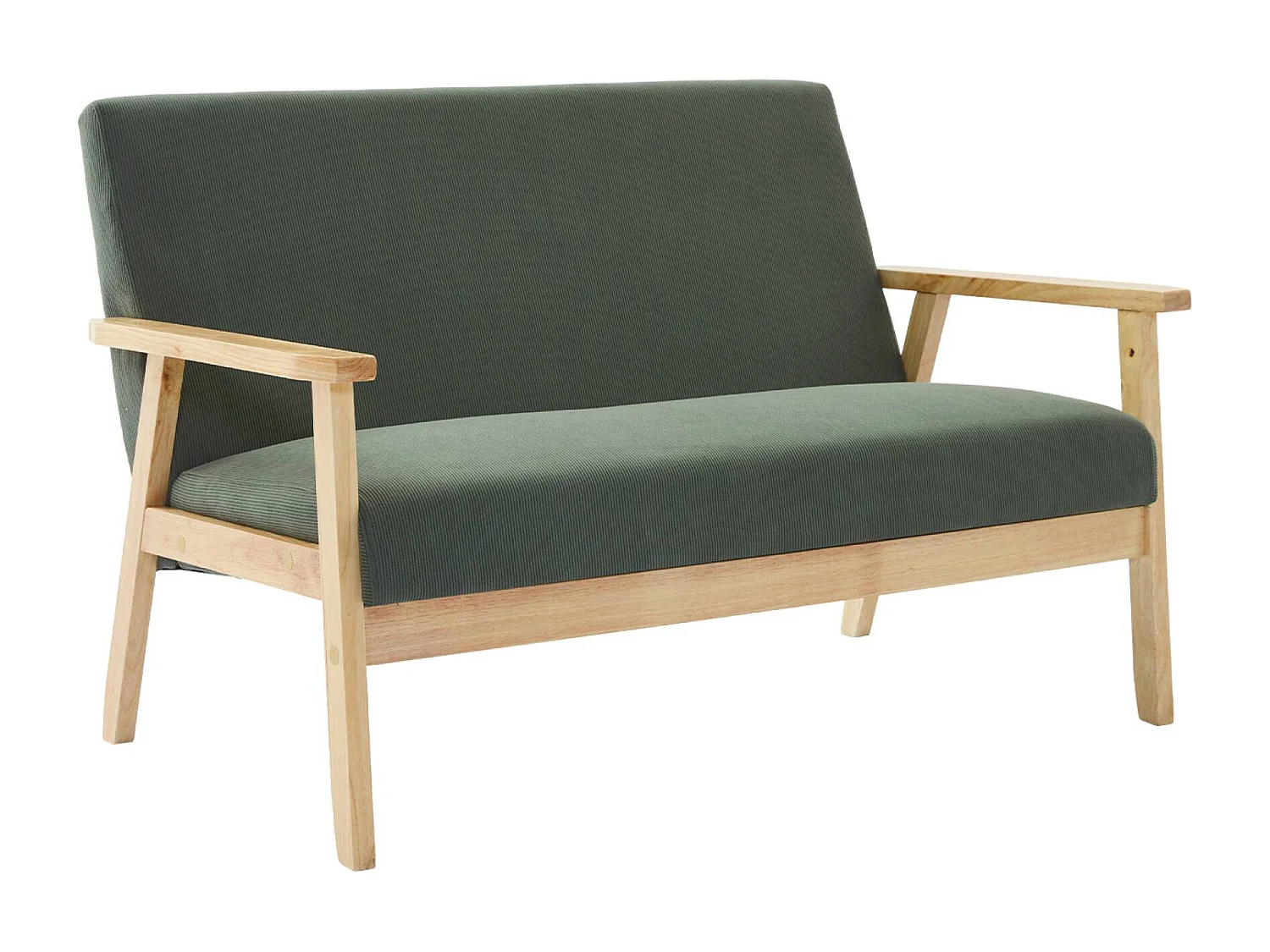 Banquette canapé 2 places en bois et tissu velours côtelé coloris vert kaki. Isak. L 114 x P 69.5 x H 73cm