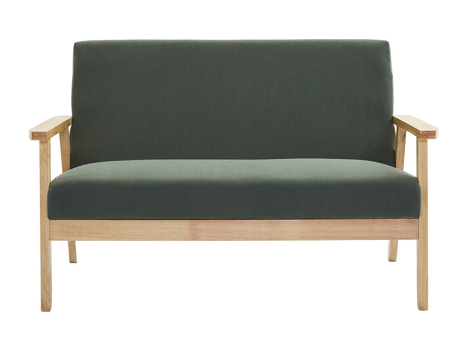 Banquette canapé 2 places en bois et tissu velours côtelé coloris vert kaki. Isak. L 114 x P 69.5 x H 73cm