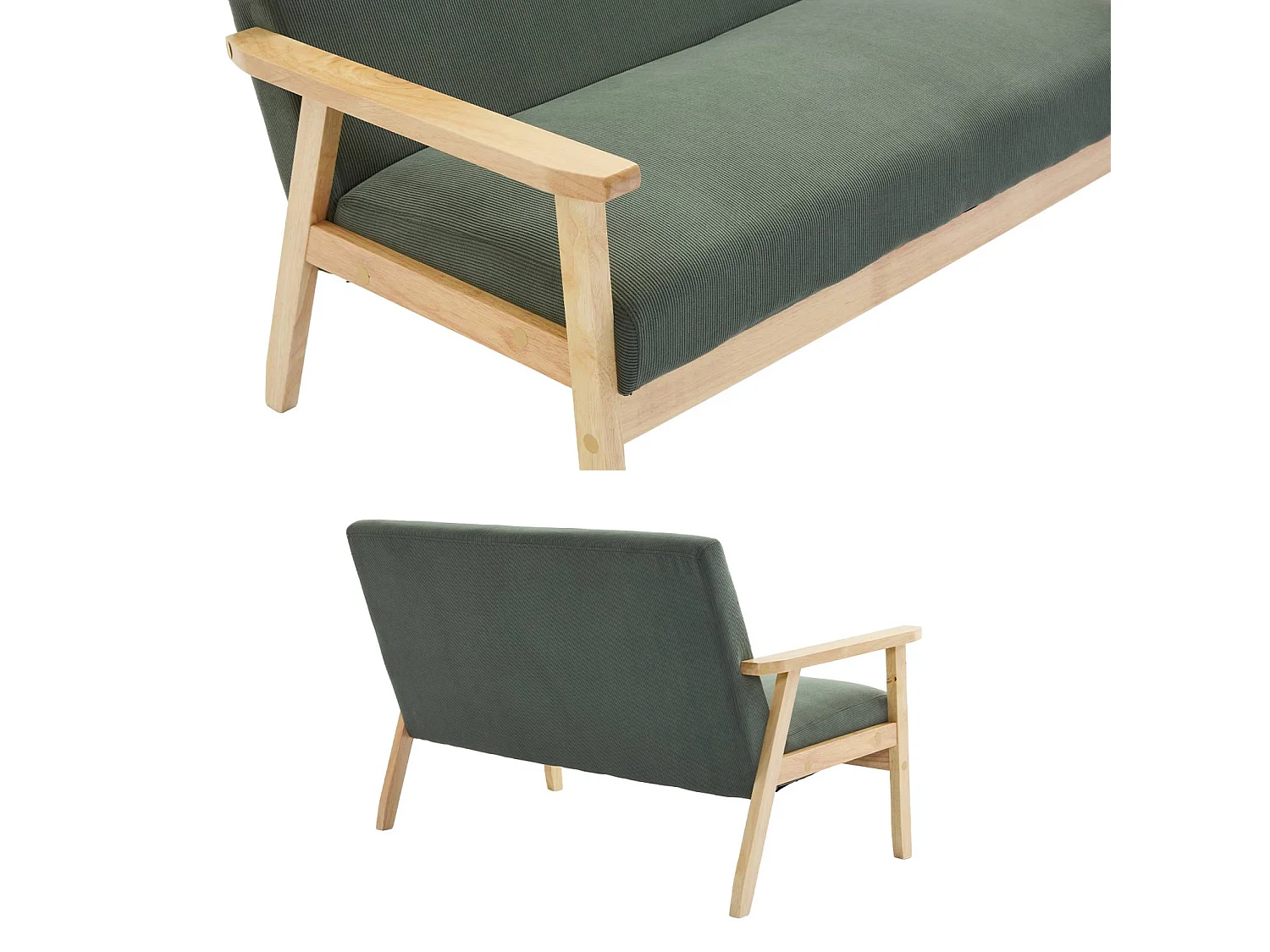 Banquette canapé 2 places en bois et tissu velours côtelé coloris vert kaki. Isak. L 114 x P 69.5 x H 73cm