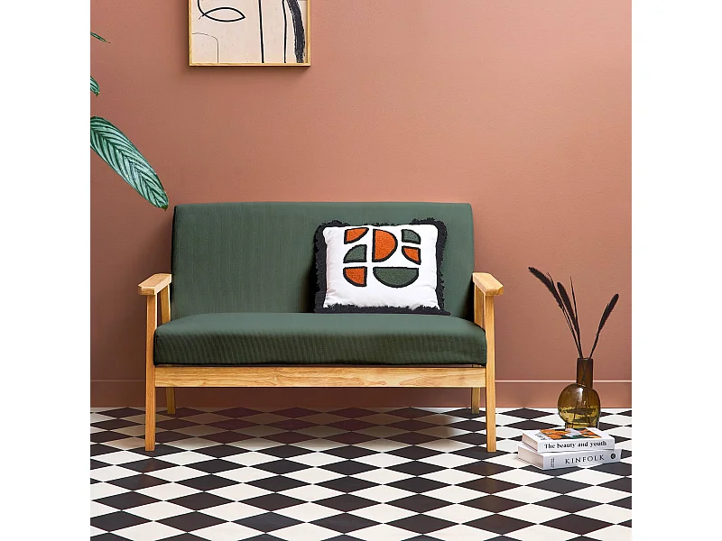 Banquette canapé 2 places en bois et tissu velours côtelé coloris vert kaki. Isak. L 114 x P 69.5 x H 73cm