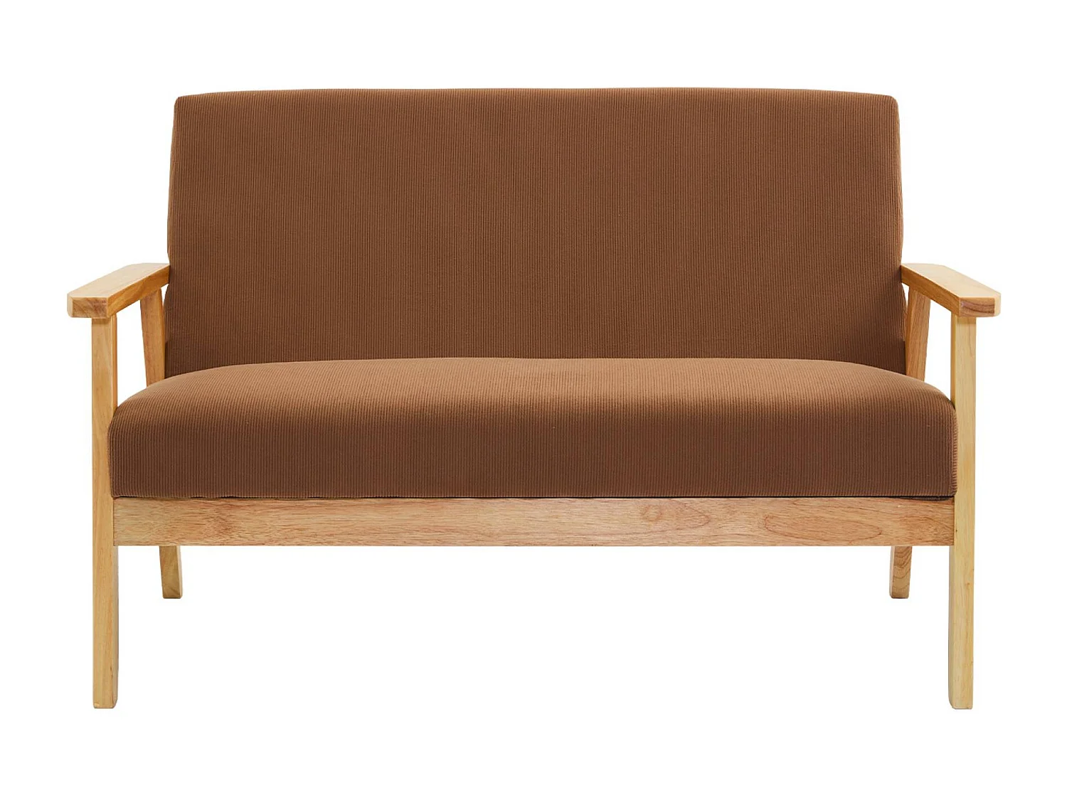 Banquette canapé 2 places en bois et tissu velours côtelé coloris marron. Isak. L 114 x P 69.5 x H 73cm