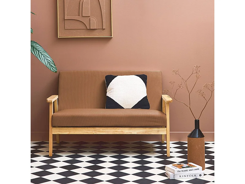 Banquette canapé 2 places en bois et tissu velours côtelé coloris marron. Isak. L 114 x P 69.5 x H 73cm