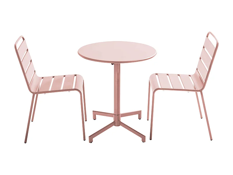 Ensemble table de jardin et 2 chaises en métal rose poudré - Palavas