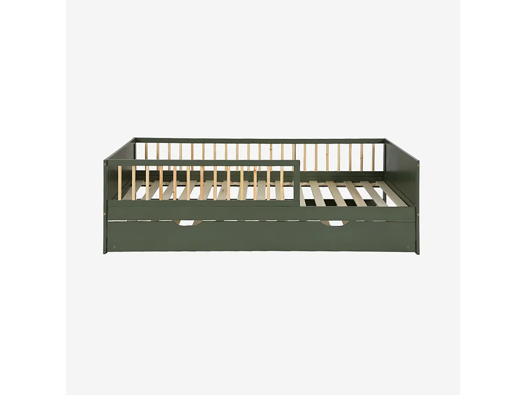 Letto a nido per bambini in pino naturale con rete a doghe e cassetto,