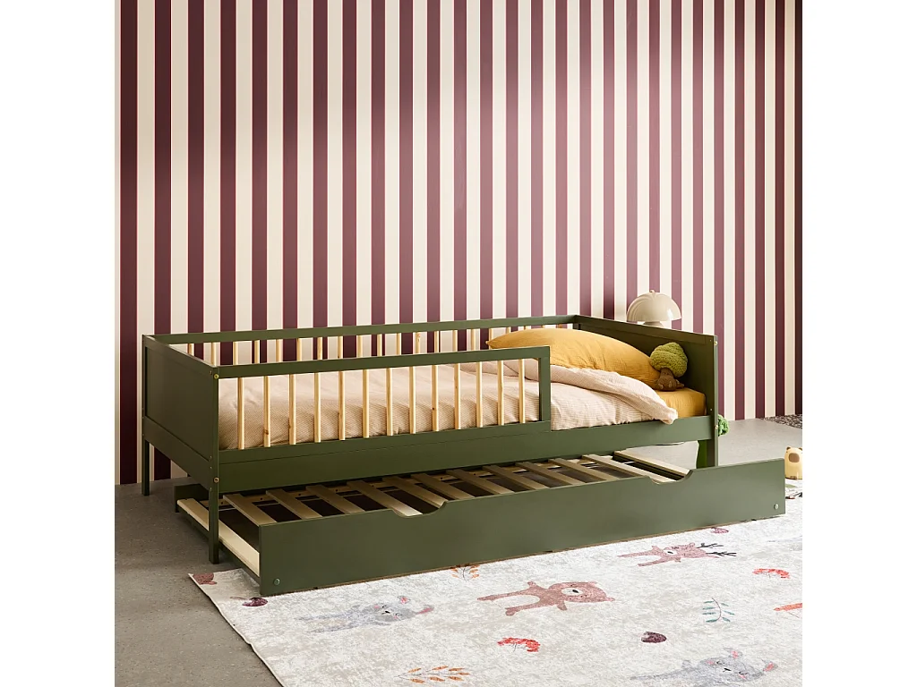 Cama nido infantil 190cm pino natural con somier de láminas y cajón