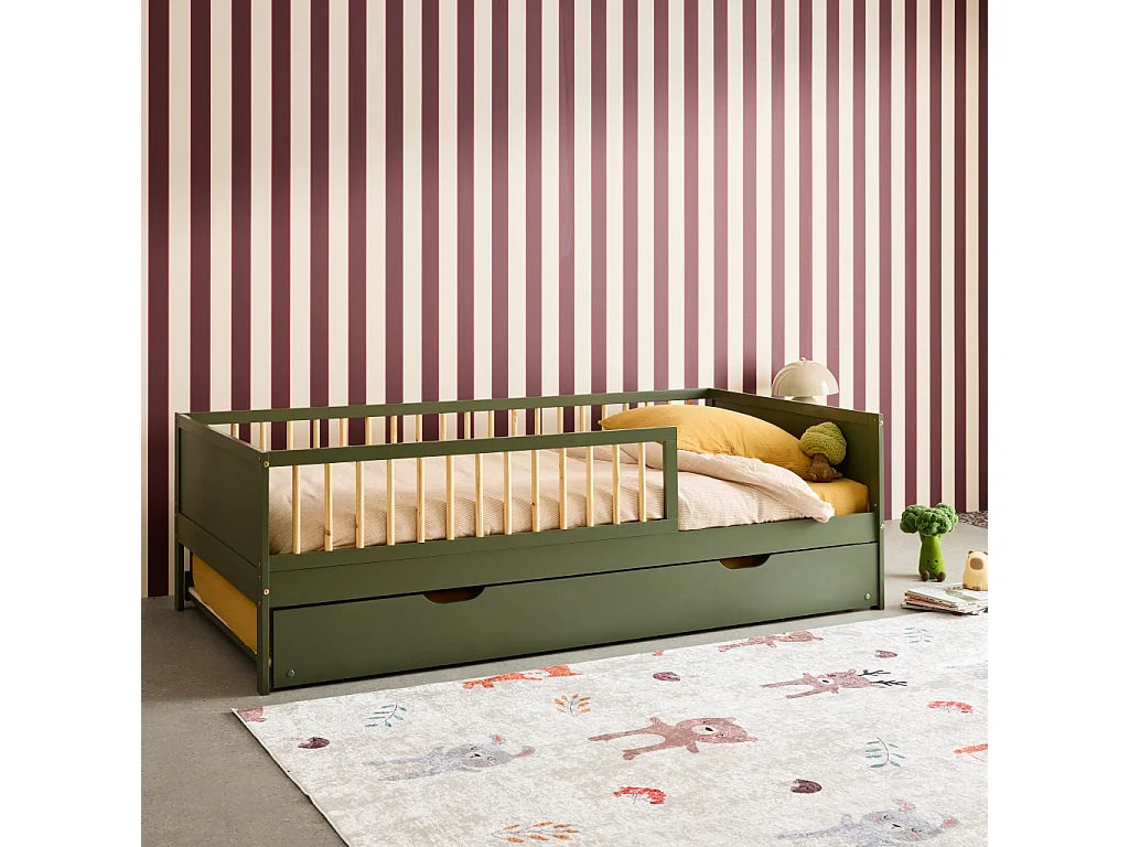 Cama nido infantil 190cm pino natural con somier de láminas y cajón