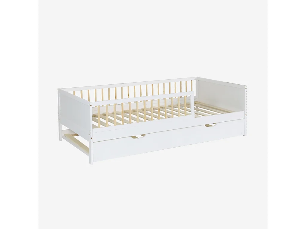 Letto a nido per bambini in pino naturale con rete a doghe e cassetto,