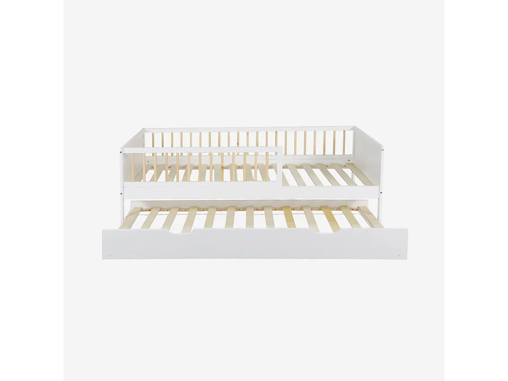 Letto a nido per bambini in pino naturale con rete a doghe e cassetto,