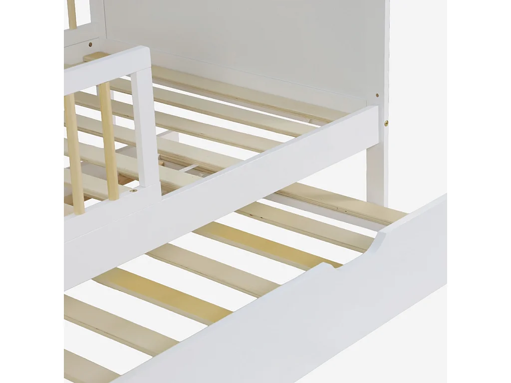 Letto a nido per bambini in pino naturale con rete a doghe e cassetto,