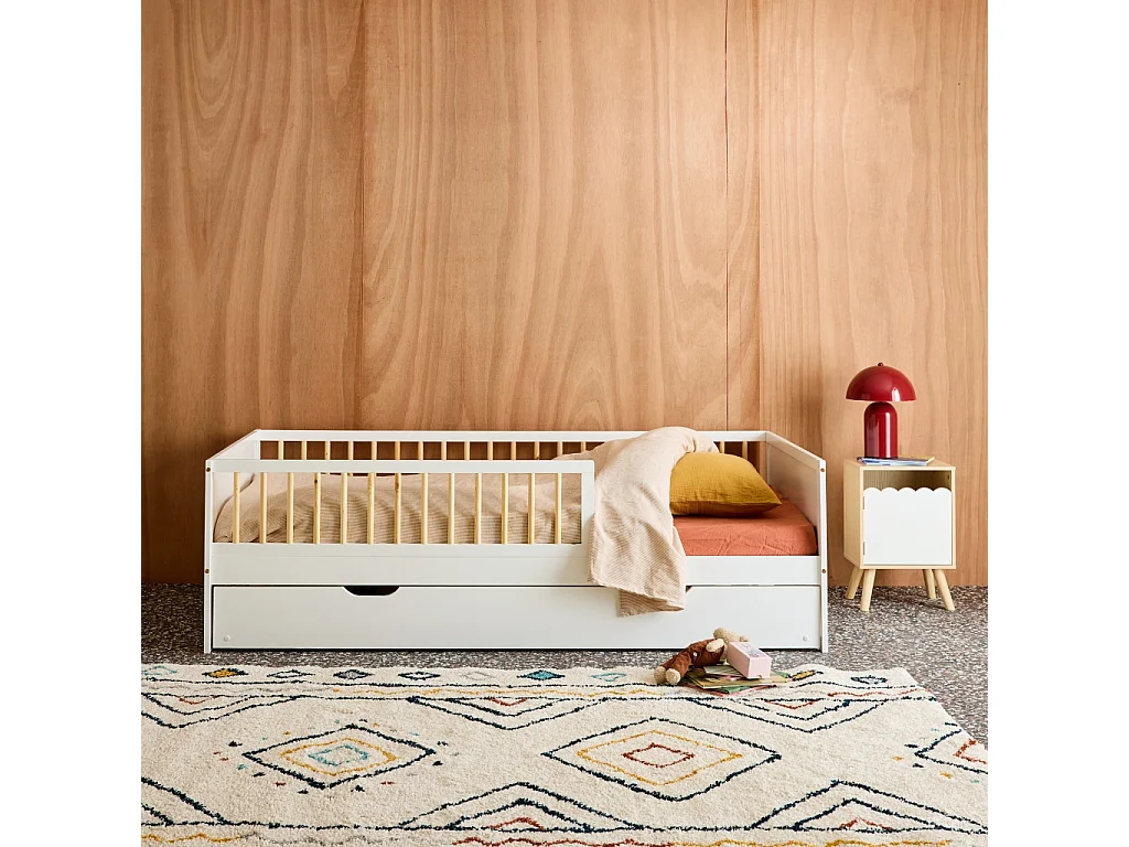 Cama nido infantil 190cm pino natural con somier de láminas y cajón