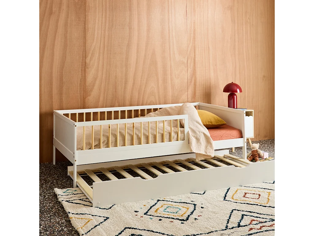 Cama nido infantil 190cm pino natural con somier de láminas y cajón