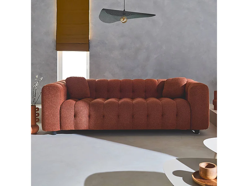 Canapé 3 places en bouclette texturée capitonné terracotta - Structure bois d'eucalyptus et contreplaqué