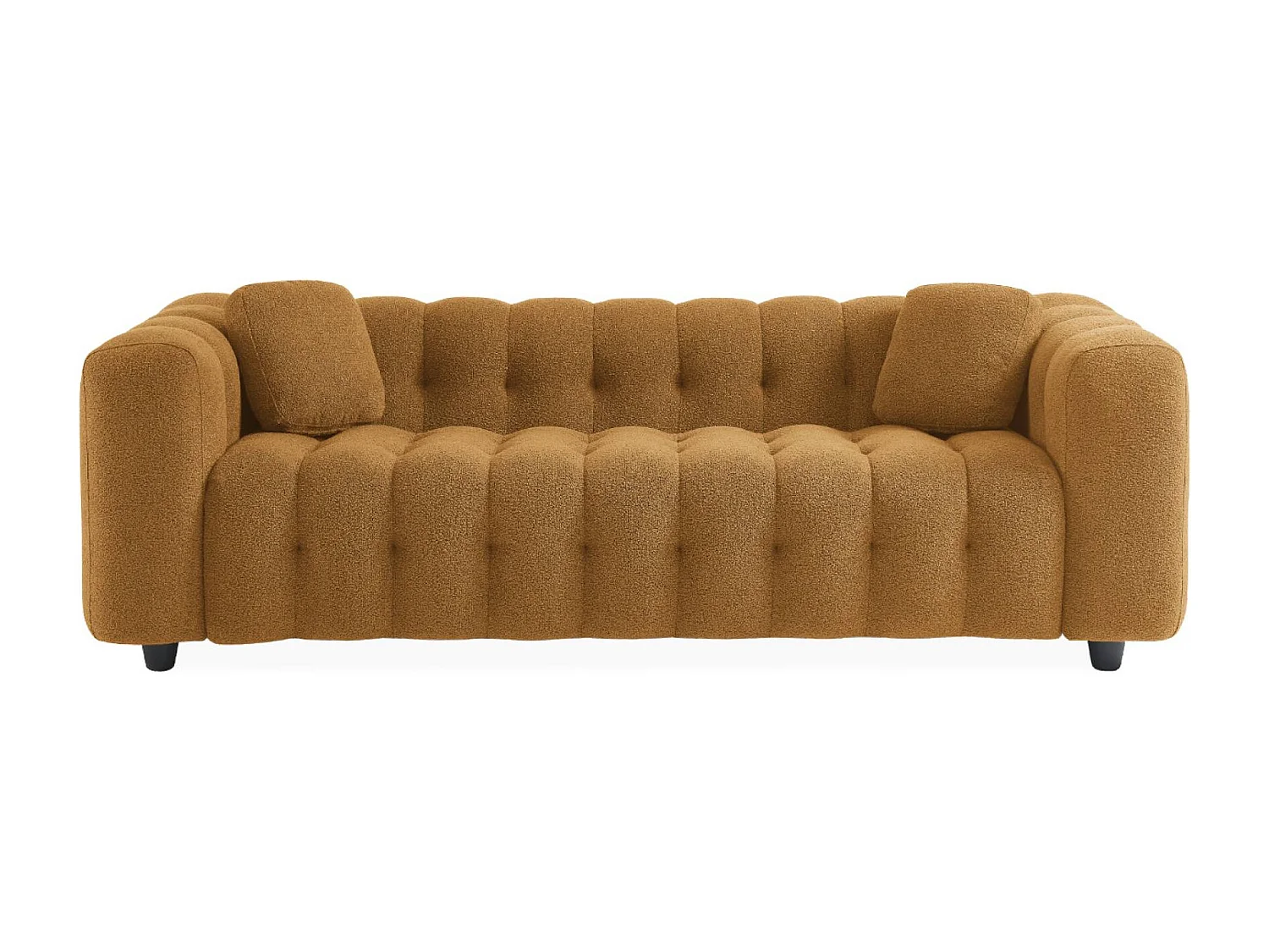 Canapé 3 places en bouclette texturée capitonné jaune moutarde - Structure bois d'eucalyptus et contreplaqué