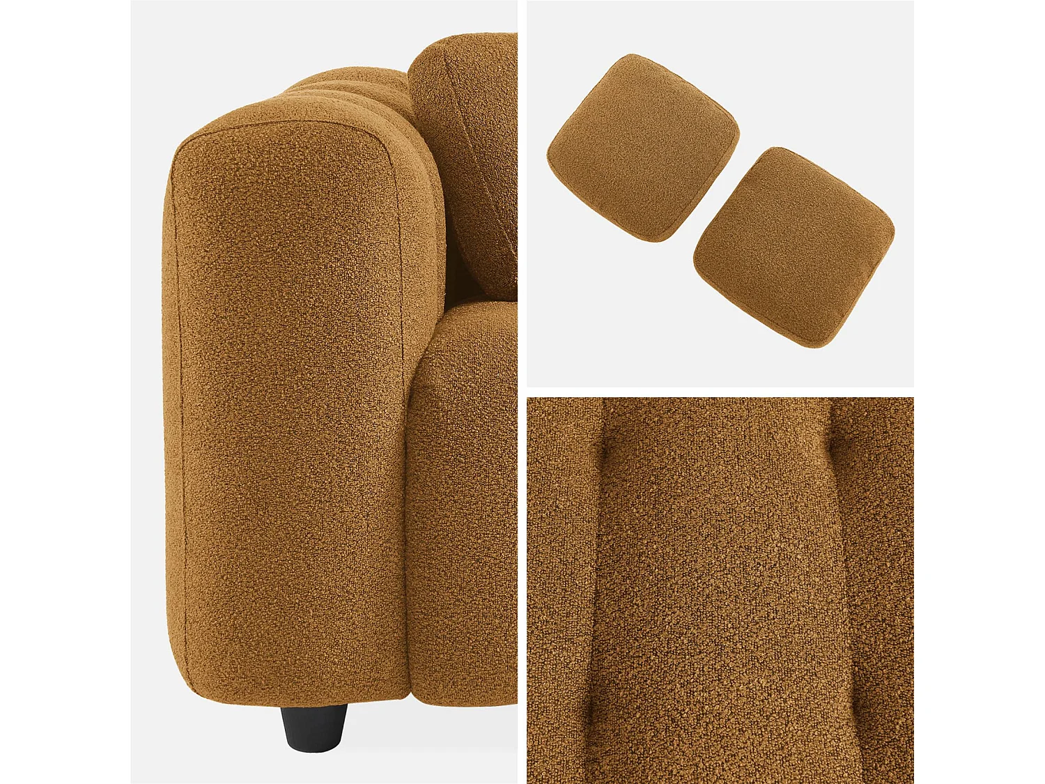 Canapé 3 places en bouclette texturée capitonné jaune moutarde - Structure bois d'eucalyptus et contreplaqué