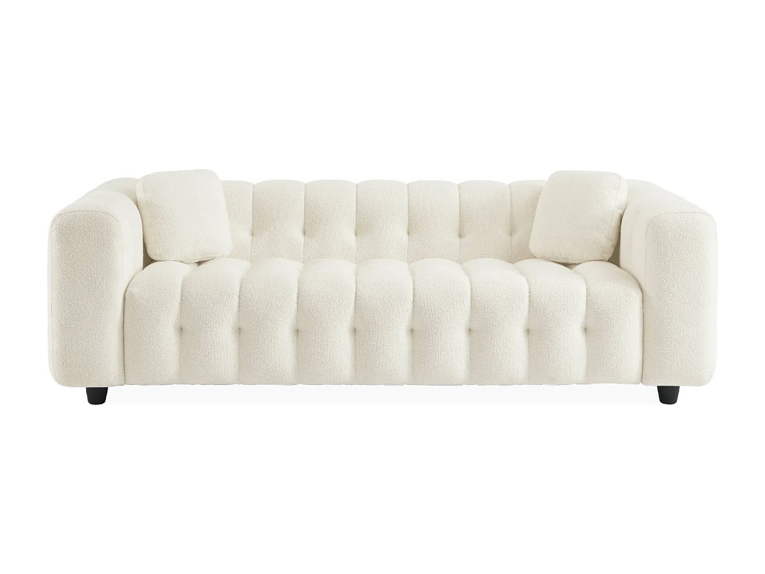 Canapé 3 places en bouclette texturée capitonné blanc crème - Structure bois d'eucalyptus et contreplaqué