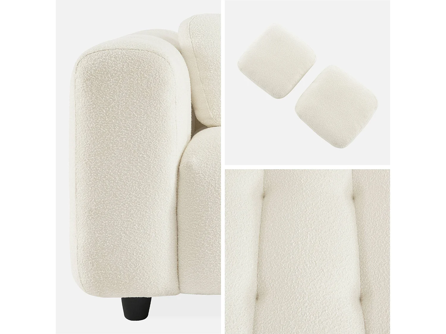 Canapé 3 places en bouclette texturée capitonné blanc crème - Structure bois d'eucalyptus et contreplaqué