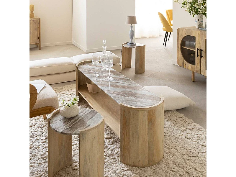Mueble de TV ovalado en madera de mango y mármol Isabella