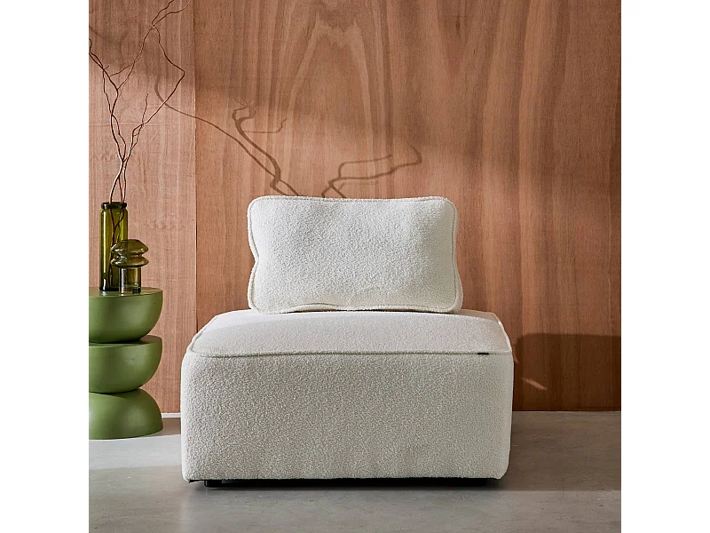 Chauffeuse pour canapé modulable tissu bouclette crème 1 place Bao. L 90 x P 90 x H 74cm