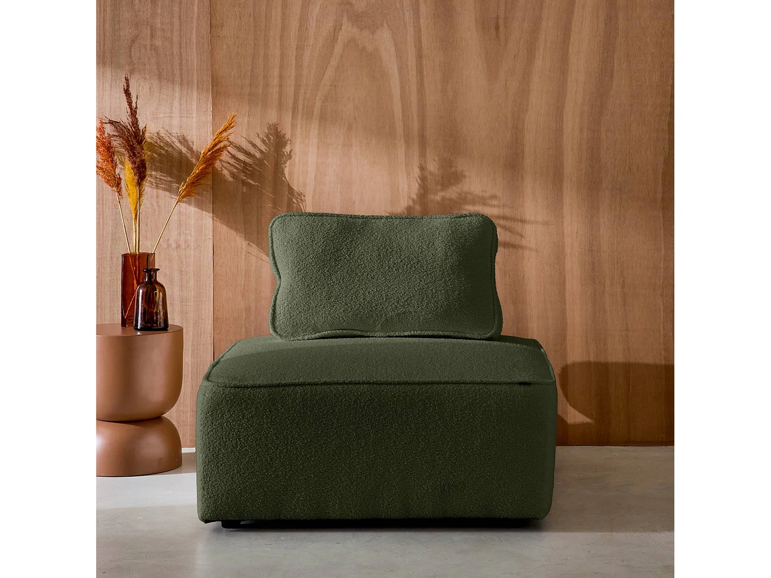 Chauffeuse pour canapé modulable tissu bouclette kaki 1 place Bao. L 90 x P 90 x H 74cm