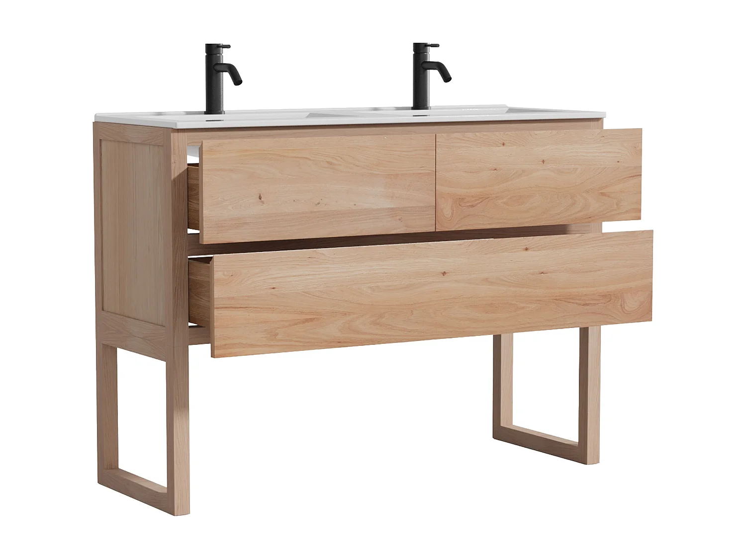 Unterschrank aus Massivholz Eiche mit Doppel-Einbauwaschbecken und Armatur - Hell Natur - 120 cm - TARELO