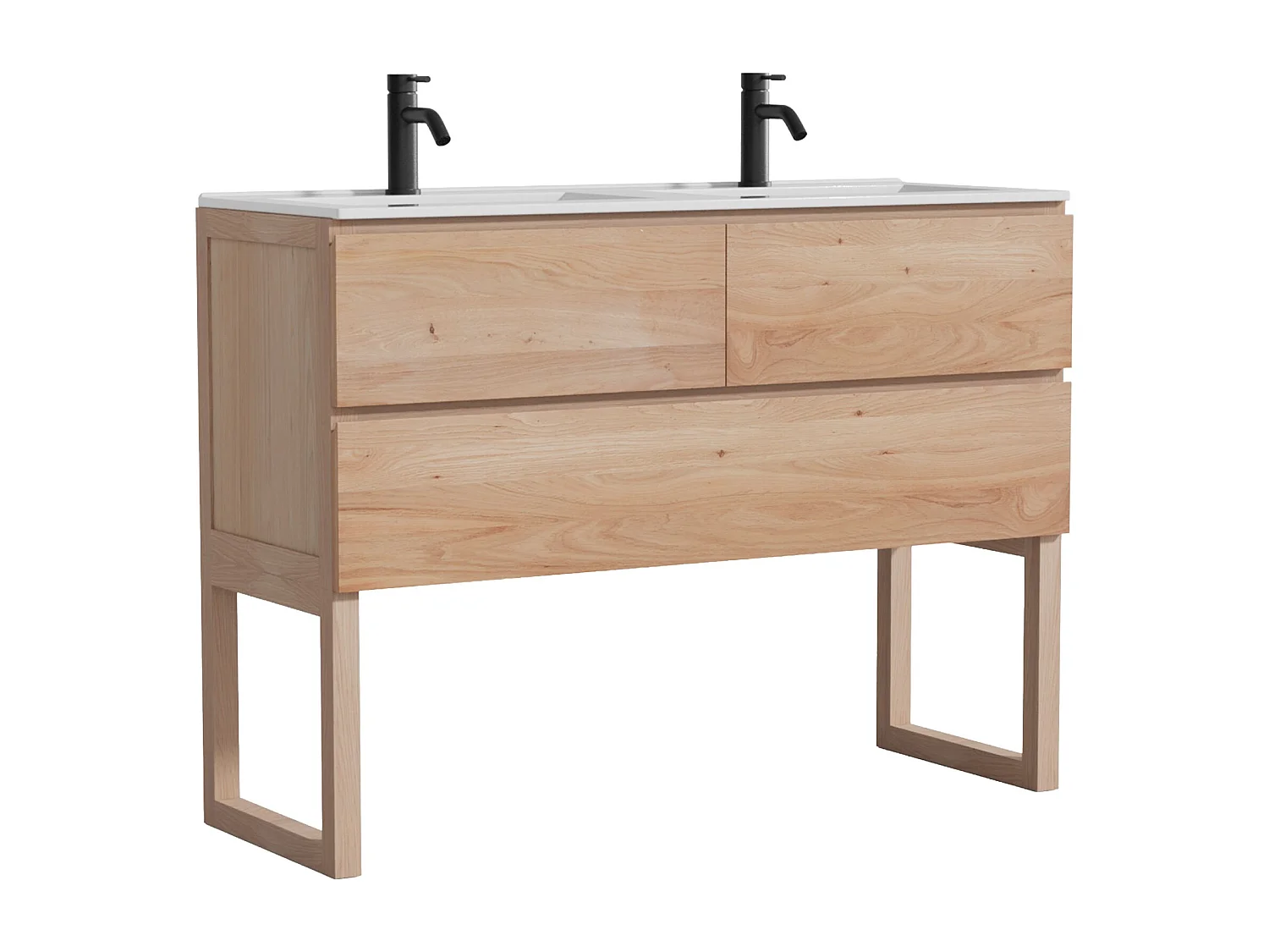 Unterschrank aus Massivholz Eiche mit Doppel-Einbauwaschbecken und Armatur - Hell Natur - 120 cm - TARELO