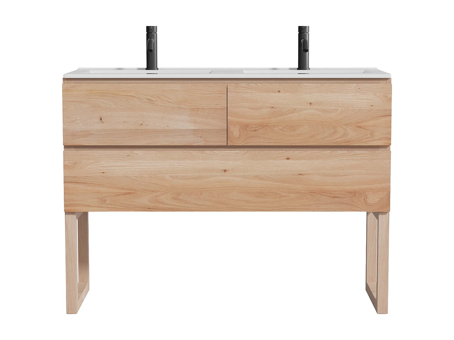 Unterschrank aus Massivholz Eiche mit Doppel-Einbauwaschbecken und Armatur - Hell Natur - 120 cm - TARELO