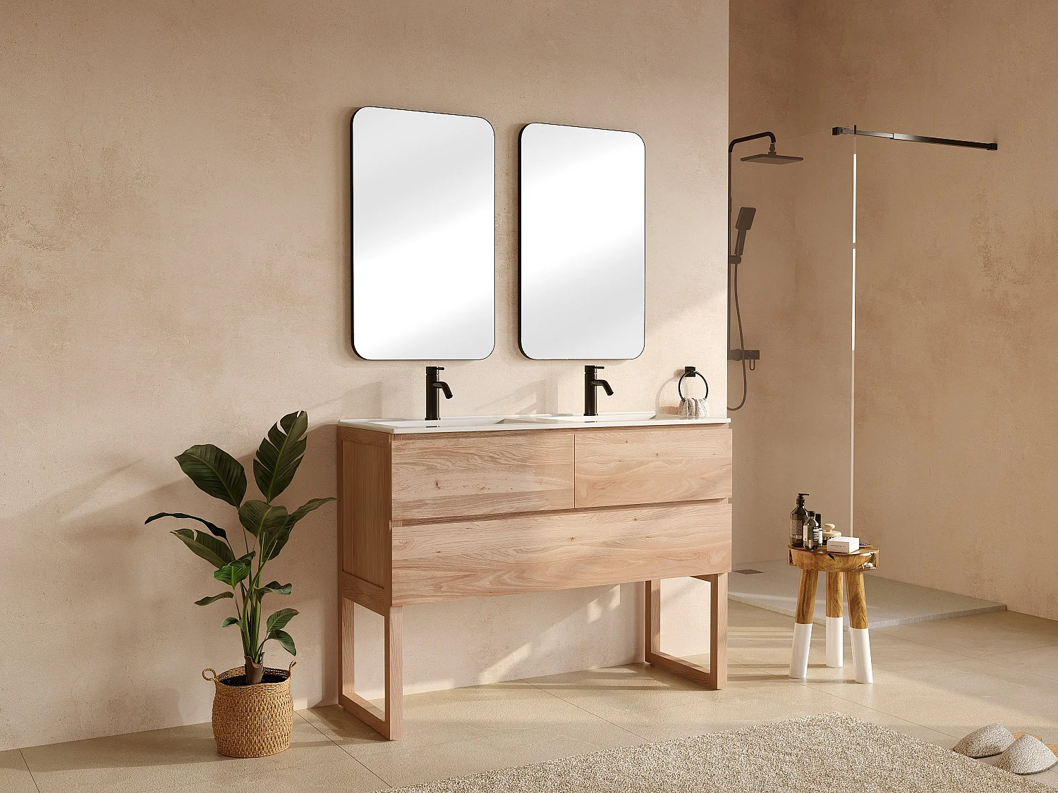 Unterschrank aus Massivholz Eiche mit Doppel-Einbauwaschbecken, Armatur und Spiegel - Hell Natur - 120 cm - TARELO