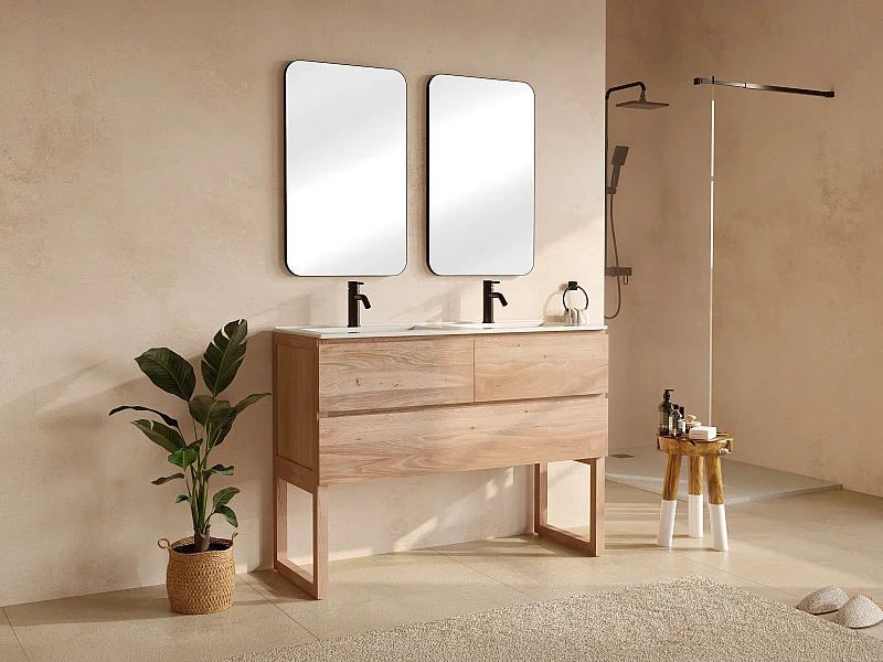 Unterschrank aus Massivholz Eiche mit Doppel-Einbauwaschbecken, Armatur und Spiegel - Hell Natur - 120 cm - TARELO