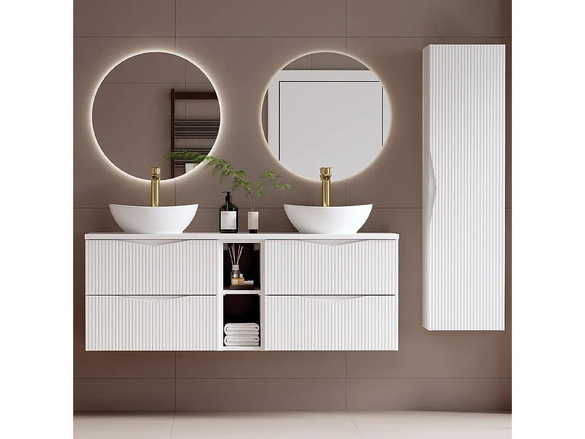 Ensemble meuble double vasque 140cm 2 niches et colonne Tao Blanc