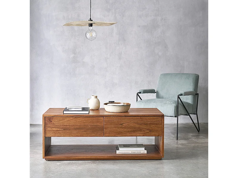 Mesa de centro de madera de mindi maciza con acabado nogal