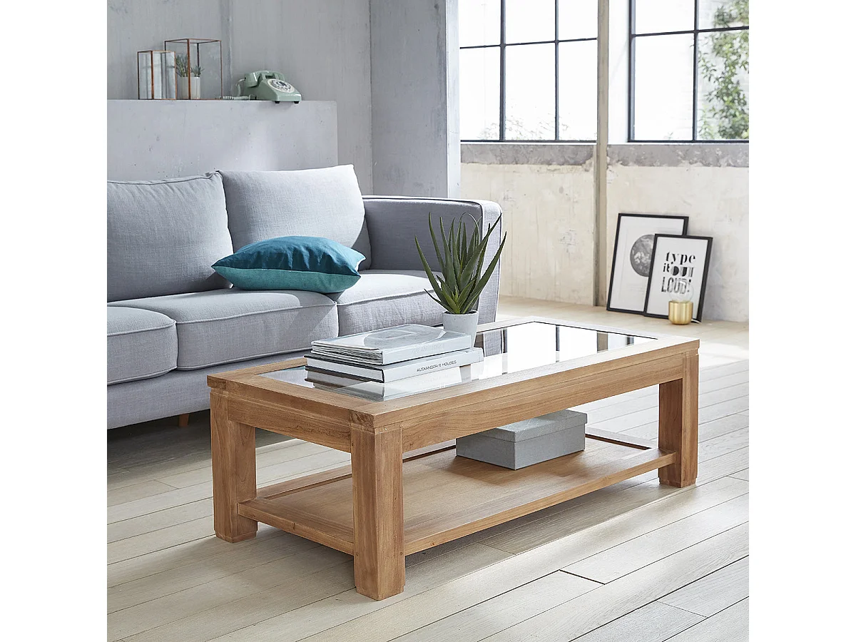 Mesa de centro de madera de teca maciza y vidrio
