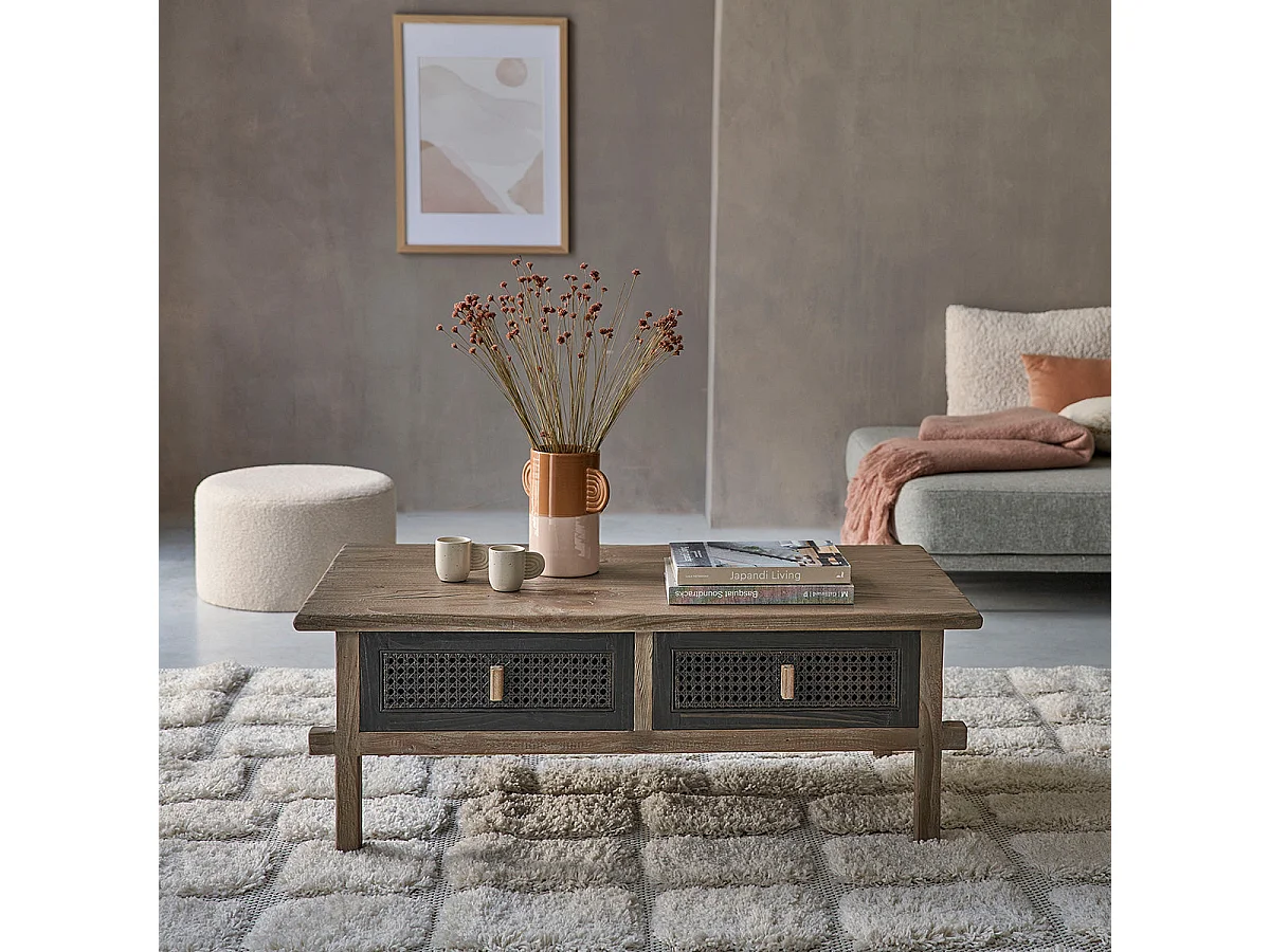 Table basse en bois recyclé massif 110 cm 2 tiroirs