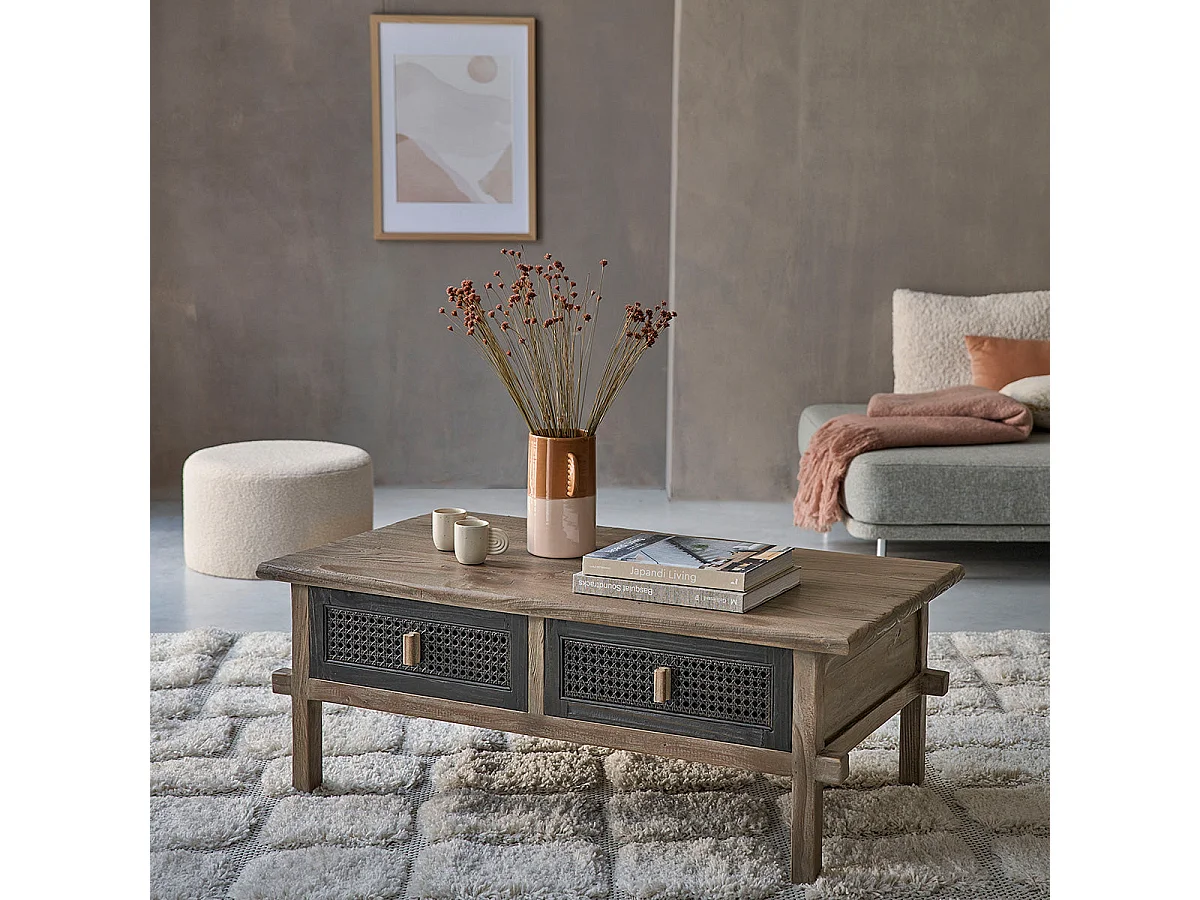 Table basse en bois recyclé massif 110 cm 2 tiroirs