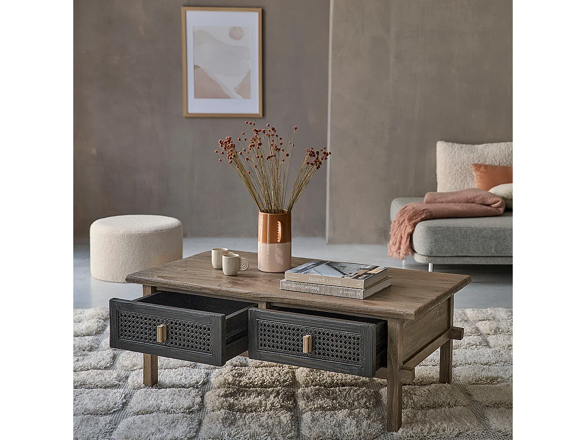 Table basse en bois recyclé massif 110 cm 2 tiroirs