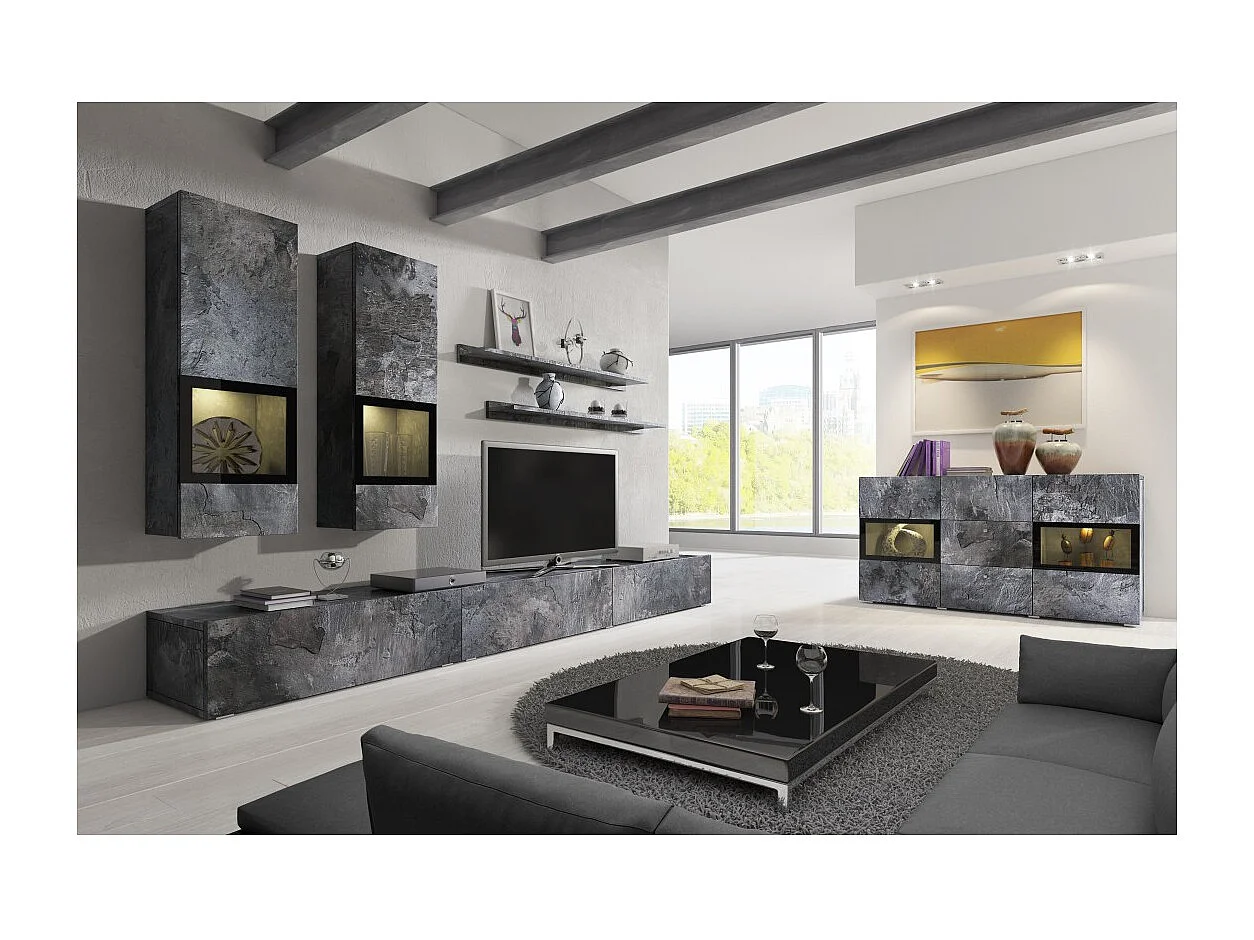 Buffet 130 cm RAMOS – Gris efecto pizarra y negro – 2 puertas con vidrio + 3 cajones – Sin LED