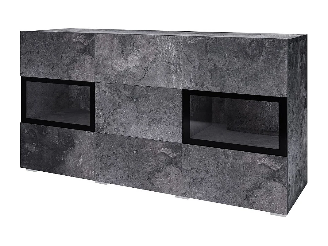 Buffet 130 cm RAMOS – Gris effet ardoise et noir – 2 portes vitrées + 3 tiroirs – Sans LED