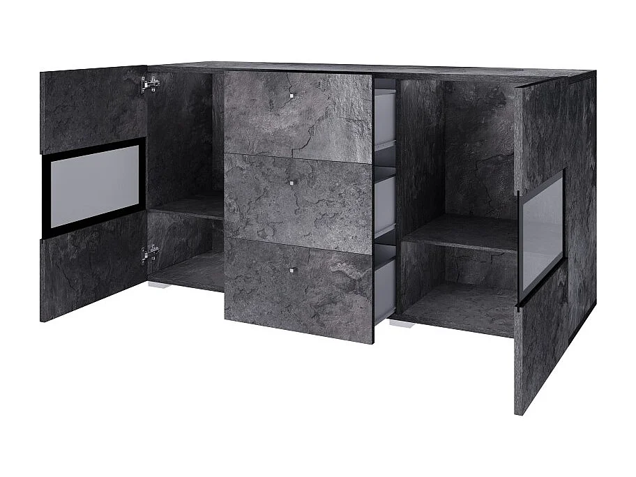 Buffet 130 cm RAMOS – Gris effet ardoise et noir – 2 portes vitrées + 3 tiroirs – Sans LED
