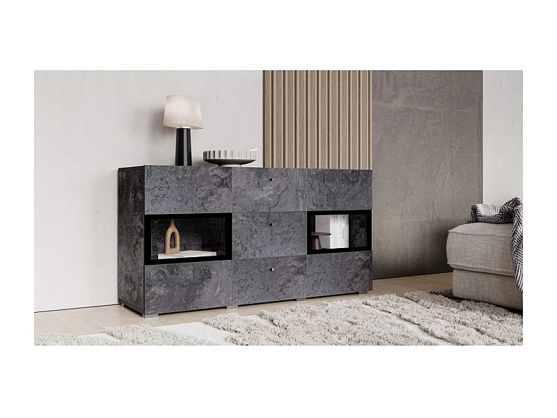 Buffet 130 cm RAMOS – Gris efecto pizarra y negro – 2 puertas con vidrio + 3 cajones – Sin LED
