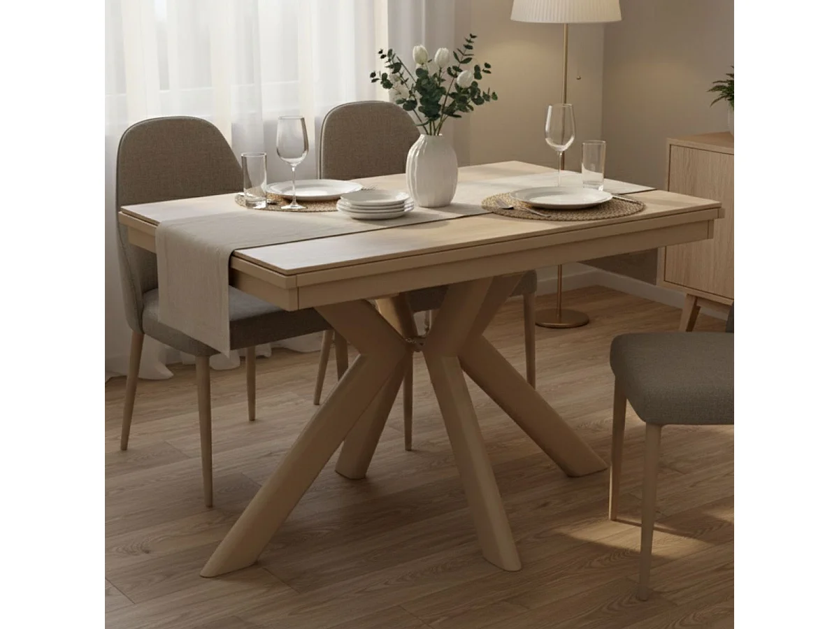 Table repas 120x80cm allongeable plateau en verre et céramique finition chêne pied étoile sable - XENON